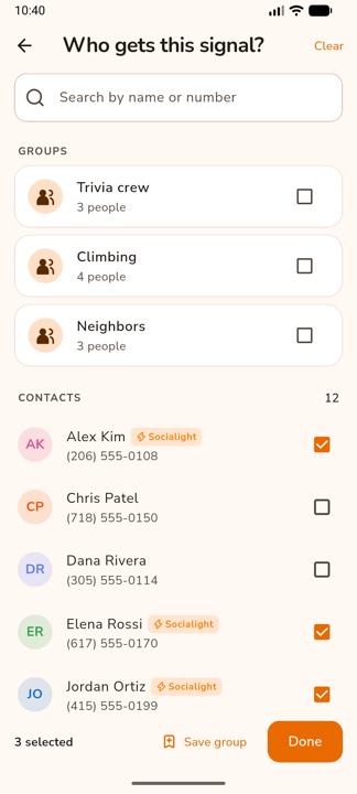 The sender picks recipients by hand from their own phone contacts