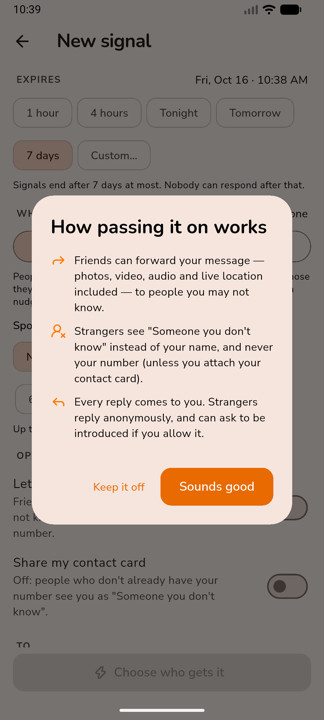 Before anything is forwarded, the app explains exactly what recipients will see